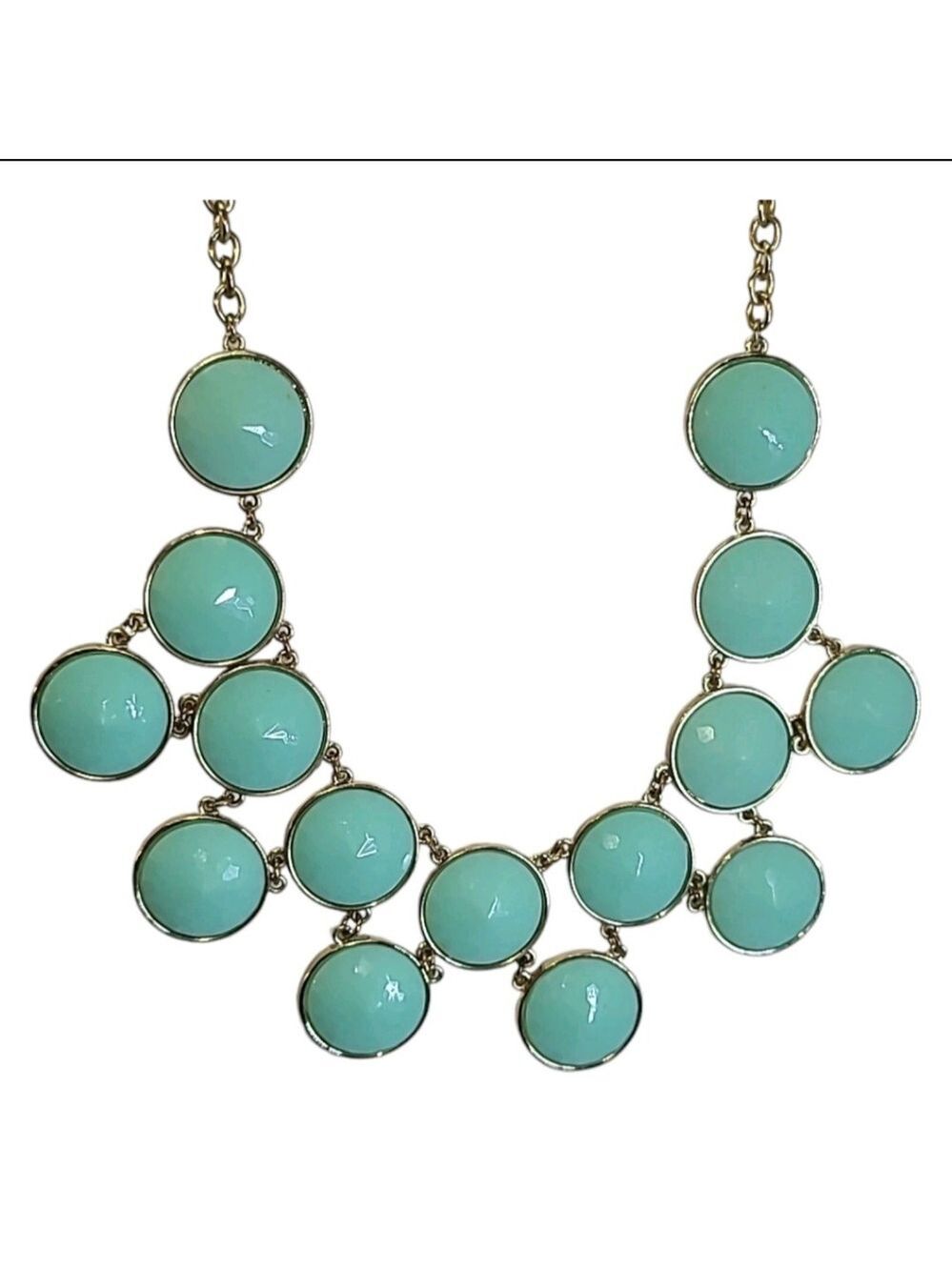 Gold Tone Turquoise Blue Acrylic Cabochon Bib Statement Necklace 17"-20" - Picture 7 of 7